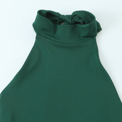 Dark Green MIDI Dress, Summer High Neck Sleeveless Straight Skirt, Hanging Collar, Polyester, Casual Elegant