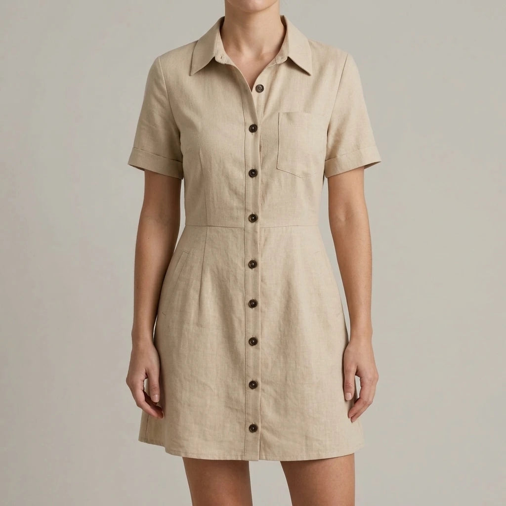 Apricot A-Line Mini Dress With Pockets Women's Short Sleeve Natural Waist Workwear Office Summer Khaki Polyester — lifestyle