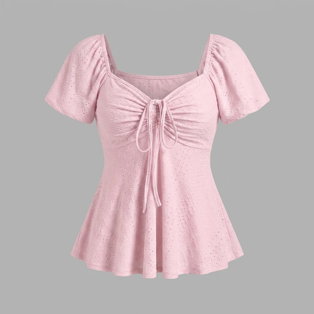 2026 Women Y2k Summer Tops V-Neck Drawstring Sexy Lace Up Short Sleeve Solid Color Shirts Female Elegant Casual Fashion Blouses — variant_front