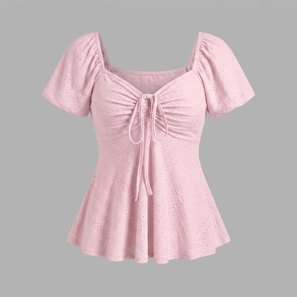 2026 Women Y2k Summer Tops V-Neck Drawstring Sexy Lace Up Short Sleeve Solid Color Shirts Female Elegant Casual Fashion Blouses — variant_front