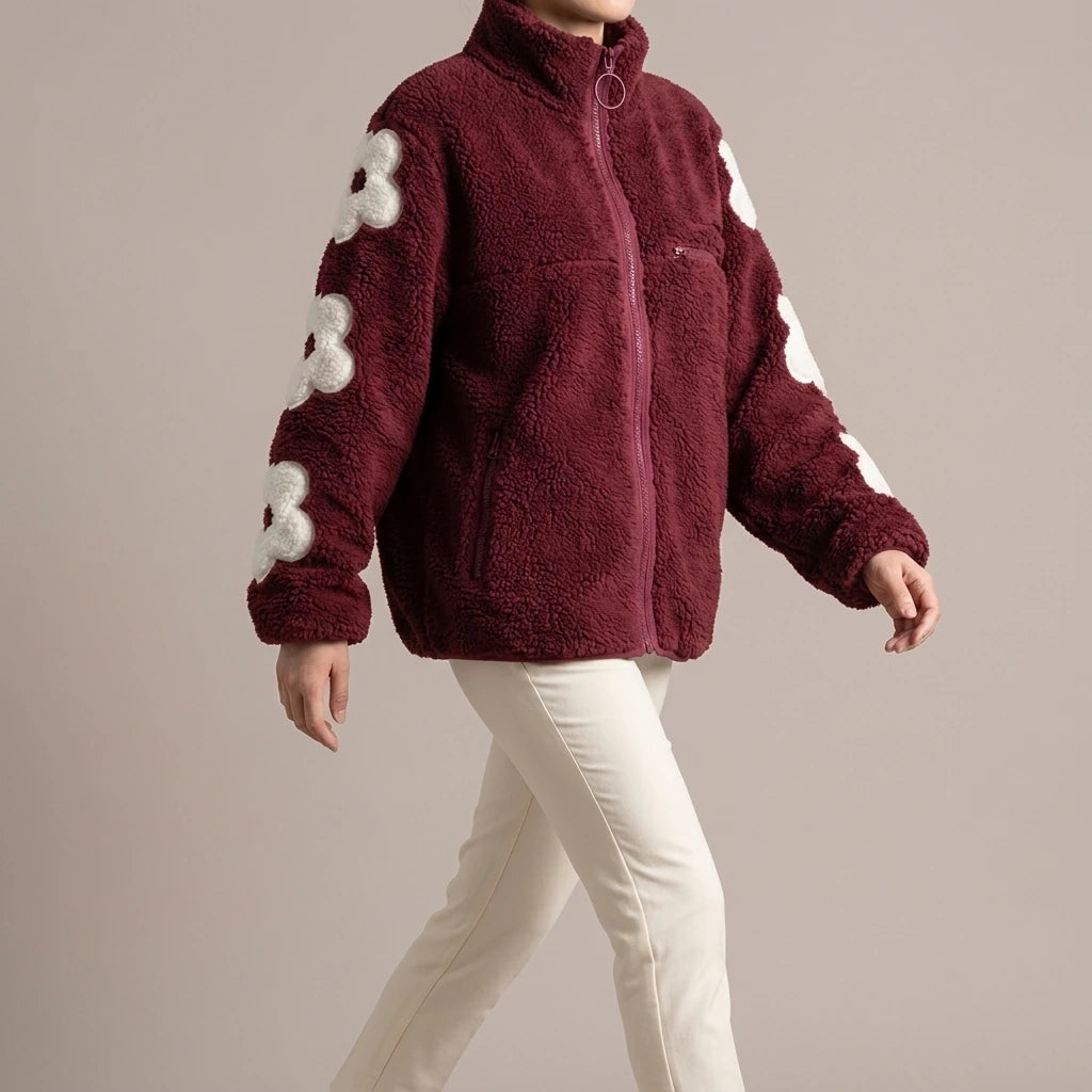 Autumn and Winter Puff Flower Patch Embroidery Half High Collar Zipper Shake Fleece Teddy Coat — lifestyle