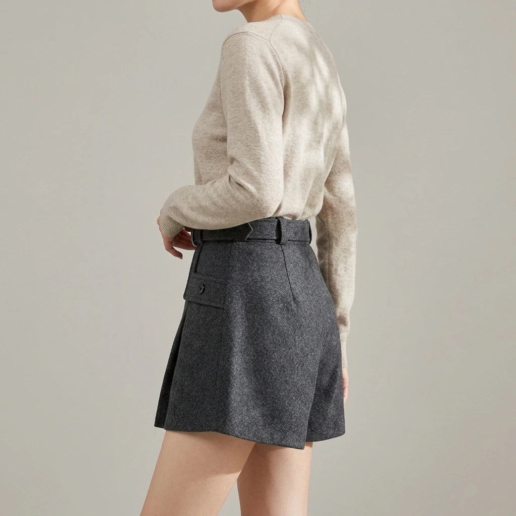 Solid Color Casual Shorts for Women High Waist Woolen — variant_front