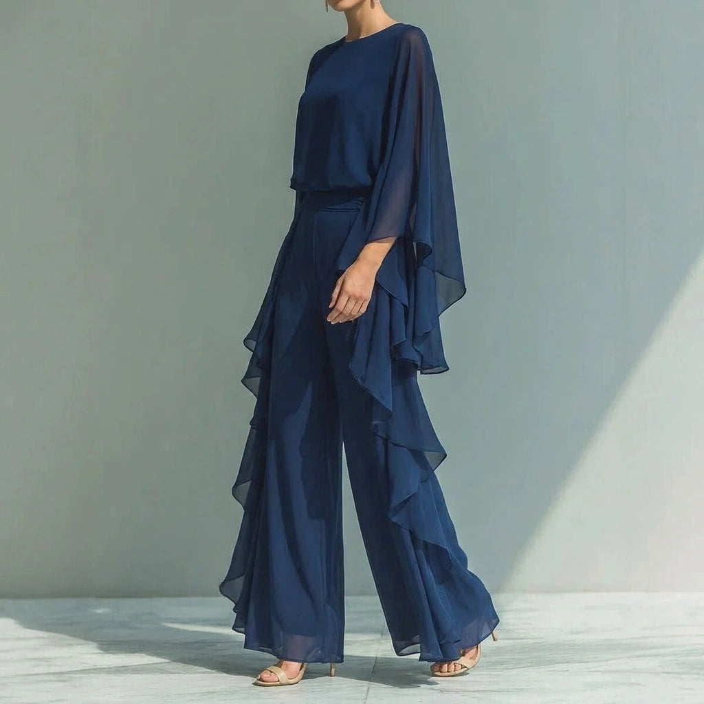 Deep Blue Ruffle Pants Set, Wide Leg Two Piece Outfit, Batwing Long Sleeve Top, Elegant Polyester — lifestyle