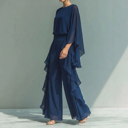Deep Blue Ruffle Pants Set, Wide Leg Two Piece Outfit, Batwing Long Sleeve Top, Elegant Polyester — lifestyle