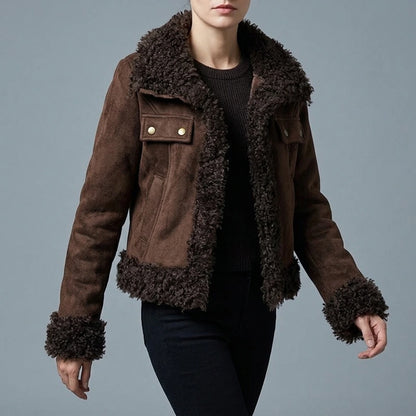 Shearling Coat Women Winter Short Length Faux Fur Collar Thick Warm Jacket Parka — lifestyle
