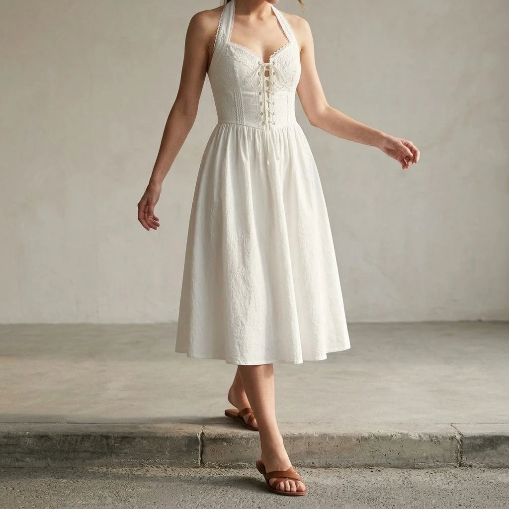 Refined White Embroidery Midi Dress Women's Formal A-Line Halter Sheath Sleeveless Slip Special Occasion Summer Viscose No Stretch — lifestyle_lead