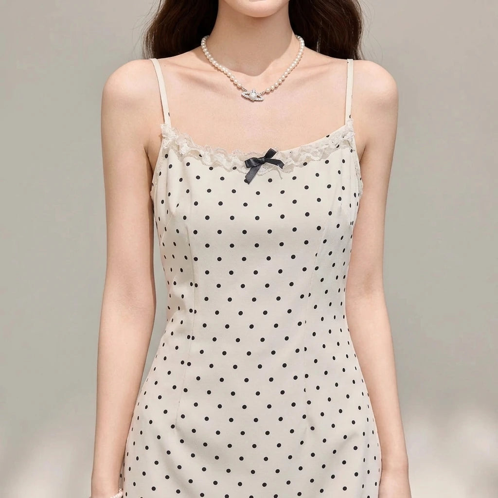 Apricot Polka Dot Short Strap Dress, Sleeveless Fitted Mini, Knitted Polyester, Effortless Summer — lifestyle