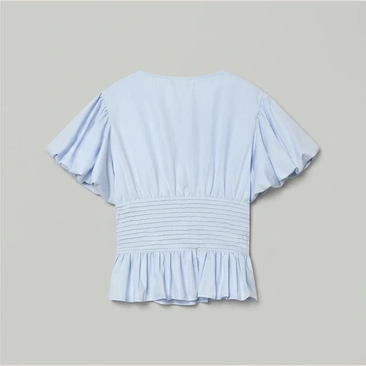 MUJER Blue Ruffle Blouses for Women Puff Sleeve Woman Blouses and Tops Summer Casual Crop Top Woman Fashion Woman Blouse 2026 — product_only_back