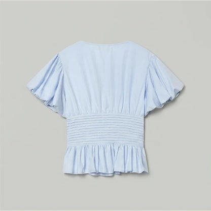 MUJER Blue Ruffle Blouses for Women Puff Sleeve Woman Blouses and Tops Summer Casual Crop Top Woman Fashion Woman Blouse 2026 — product_only_back