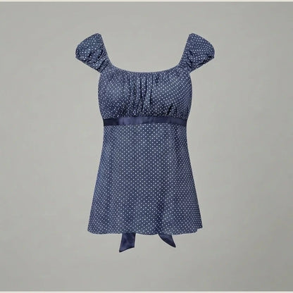 Women Summer Fairy Grunge Y2k Babydoll Shirts Cap Sleeve Micro Polka Dot Tie Back Flowy Slim T-shirts Tops Preppy Clothes — product_only_back