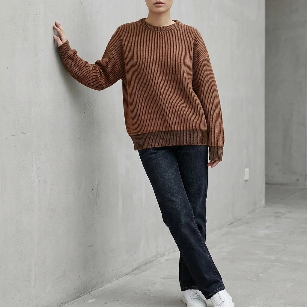 Simple Solid Color Distressed Chunky Knit Crewneck Loose Pullover Sweater — variant_front