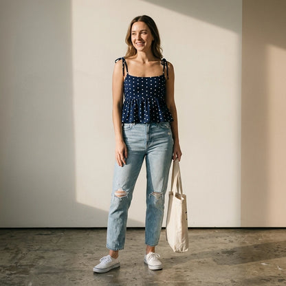 Women's Polka Dot Crop Cami With Spaghetti Straps And Flared Hem Polka Dot Camisole Babydoll Top Babydoll Tops Polkadot Top Cute — lifestyle_lead