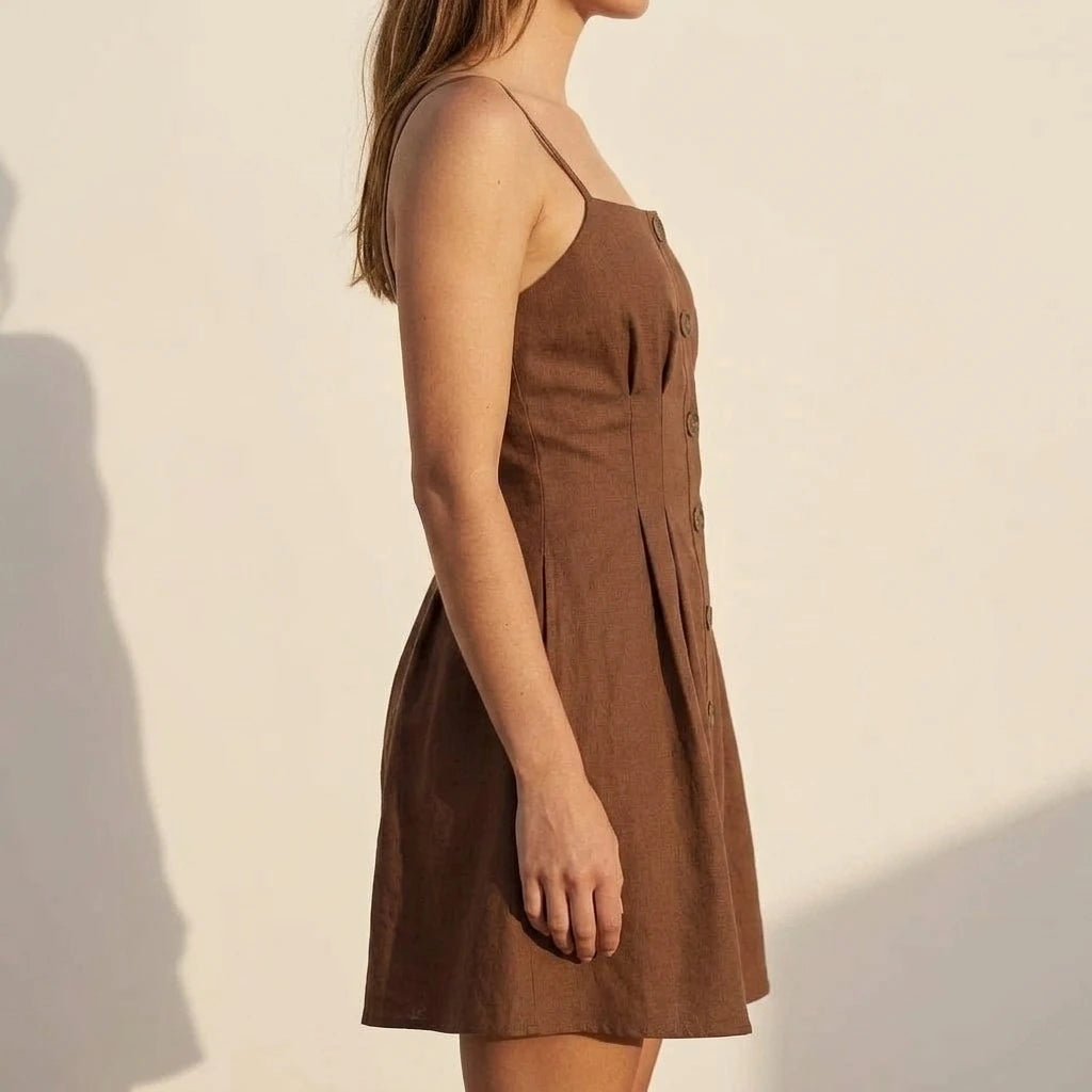 Brown Pleated Skater Mini Dress Women's Sleeveless Slip Office Wear A-Line Workwear Basic Button Detail Natural Waist Polyester Summer Spring Brown — lifestyle_lead