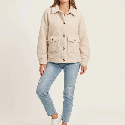Beige Flap Button Pocket Sherpa Jacket — lifestyle
