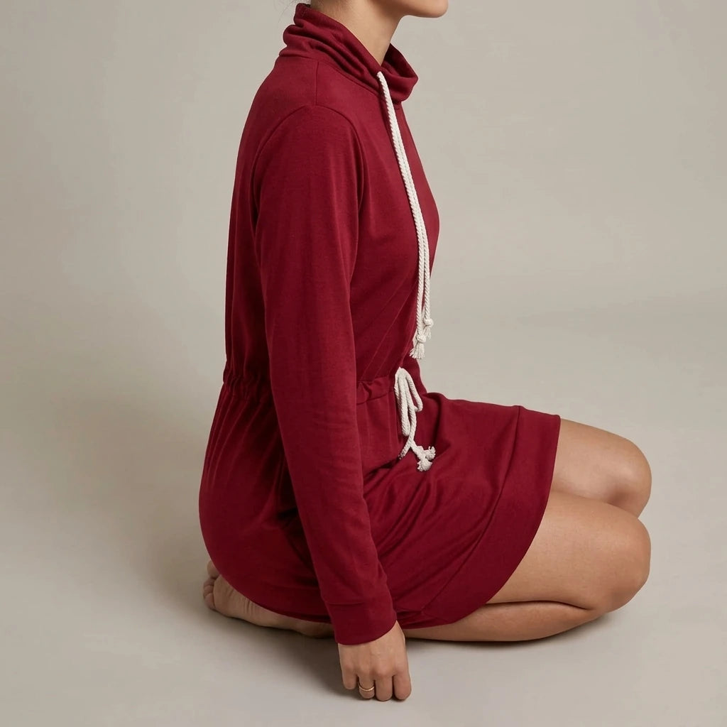 Drawstring Turtleneck Long Sleeve Mini Dress — lifestyle