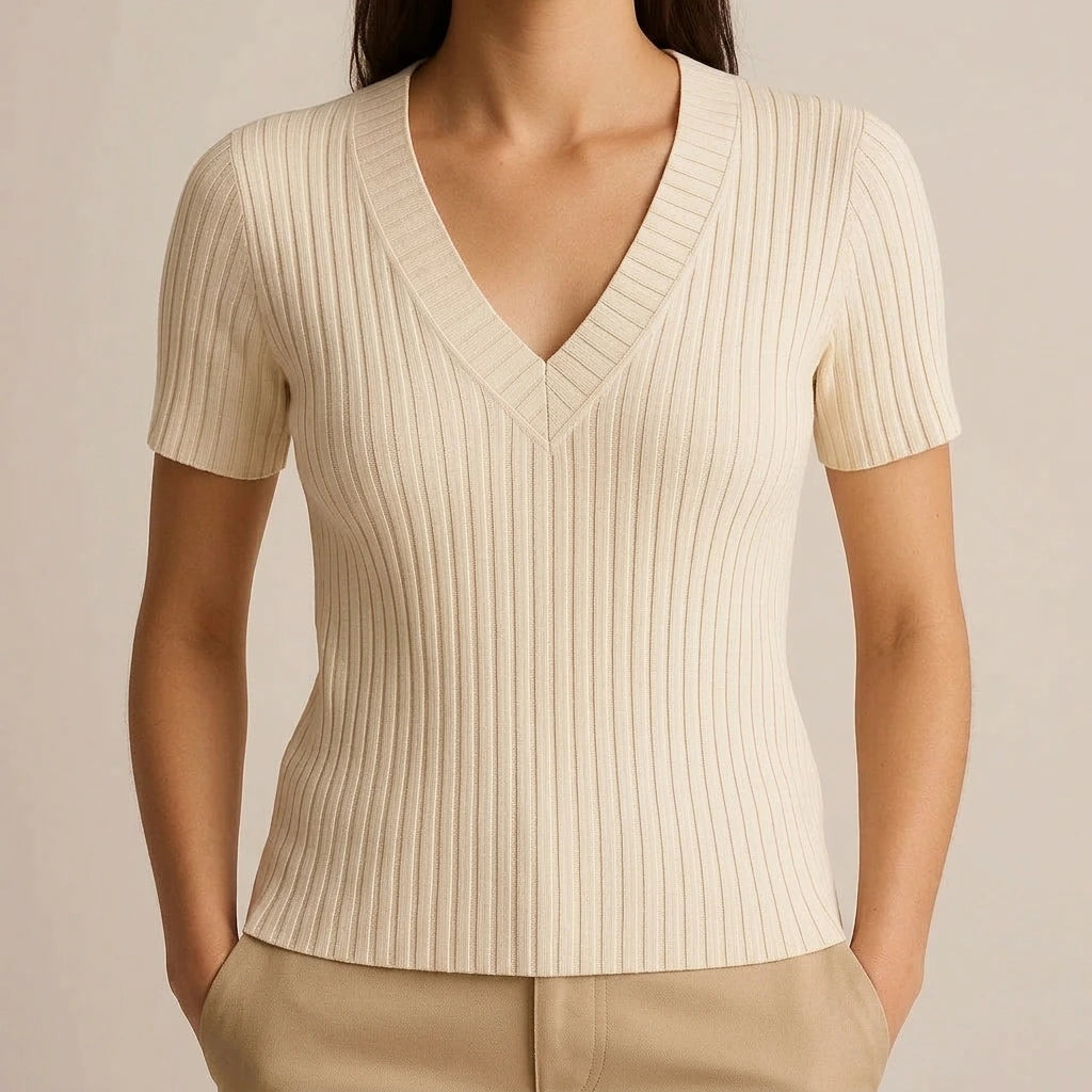 Refined Apricot V Neck Short Sleeve Tee Top for Women, Casual Daily Basic, High Stretch Textured Viscose, Spring Summer Solid — lifestyle