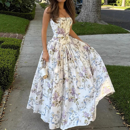 Copy of White Printed Strapless Maxi Dress Backless Fitted Summer Elegant Polyester