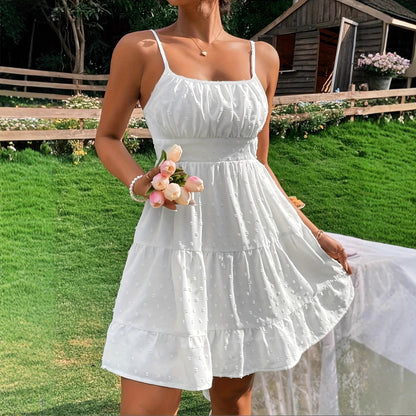 Swiss Dot Print Strap Dress for Women Summer Mini Umbrella Skirt, High Waist Polyester Camisole, Elegant Casual Clothing