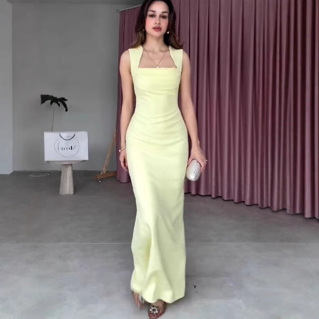 Light Yellow Strap Fishtail Dress, Slim Fit Maxi, Sexy Sleeveless Summer Dress, Elegant Polyester Party Gown