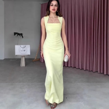 Light Yellow Strap Fishtail Dress, Slim Fit Maxi, Sexy Sleeveless Summer Dress, Elegant Polyester Party Gown
