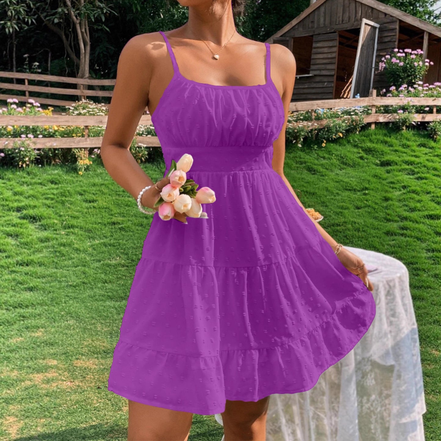 Swiss Dot Print Strap Dress for Women Summer Mini Umbrella Skirt, High Waist Polyester Camisole, Elegant Casual Clothing