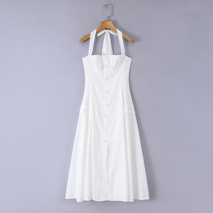White Vintage Style Mid Length Dress, Strapless Button Up Sleeveless Elegant A-Line Summer Polyester