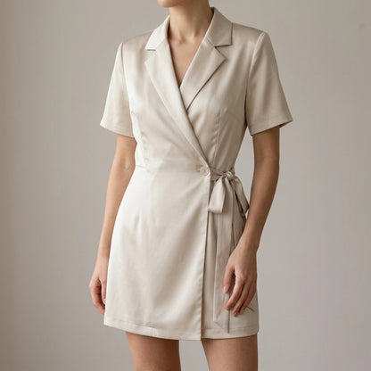 A-Line Mini Dress Women's Office Workwear Natural Waisted Short Petal Sleeve Polyester Splicing Beige Spring Summer — lifestyle