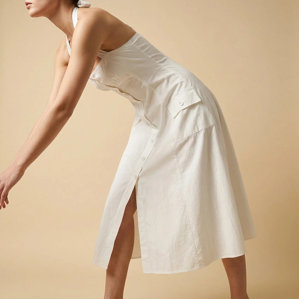 Vintage style neck button up mid length dress — lifestyle_lead