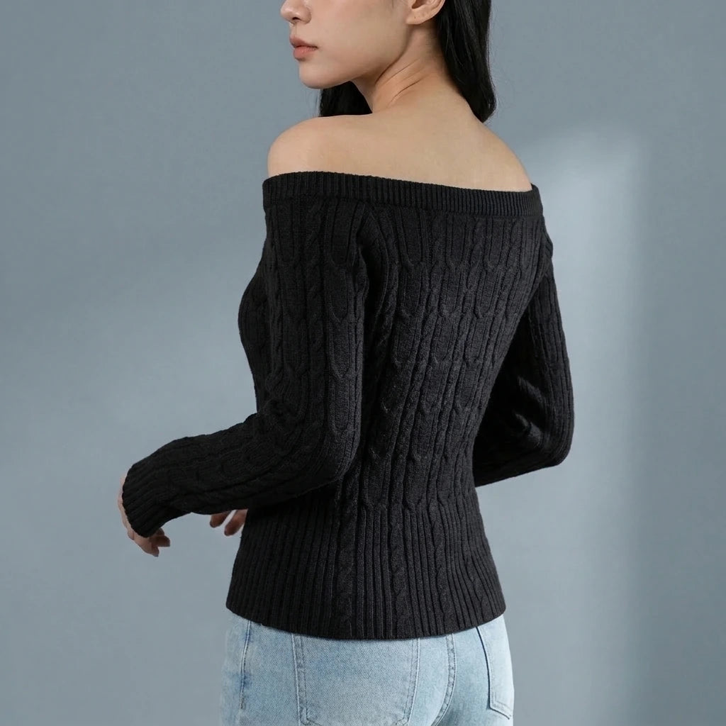 Chunky Knit Off-Shoulder Grey Sweater Top for Women, Long Sleeve, Short Length — variant_front