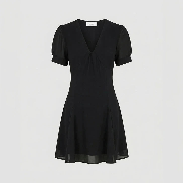 Elegant Black Ruched Skater Mini Dress Women’s A-Line V Neck Short Puffed Sleeves Workwear Summer Daily Polyester Natural Waist — gallery_06.webp