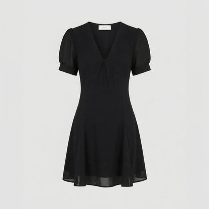 Elegant Black Ruched Skater Mini Dress Women’s A-Line V Neck Short Puffed Sleeves Workwear Summer Daily Polyester Natural Waist — gallery_06.webp