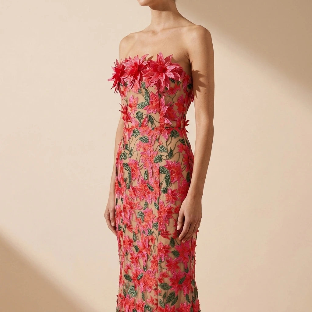 Elegant Vintage Party Mini Dress withFloral Embroidery Women's Strapless Dress — lifestyle