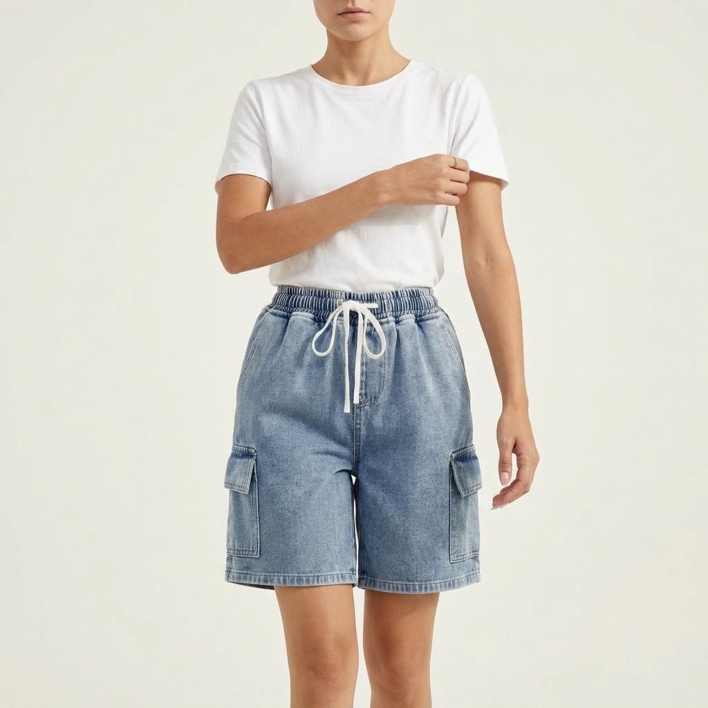 Drawstring Denim Shorts with Pockets — variant_front