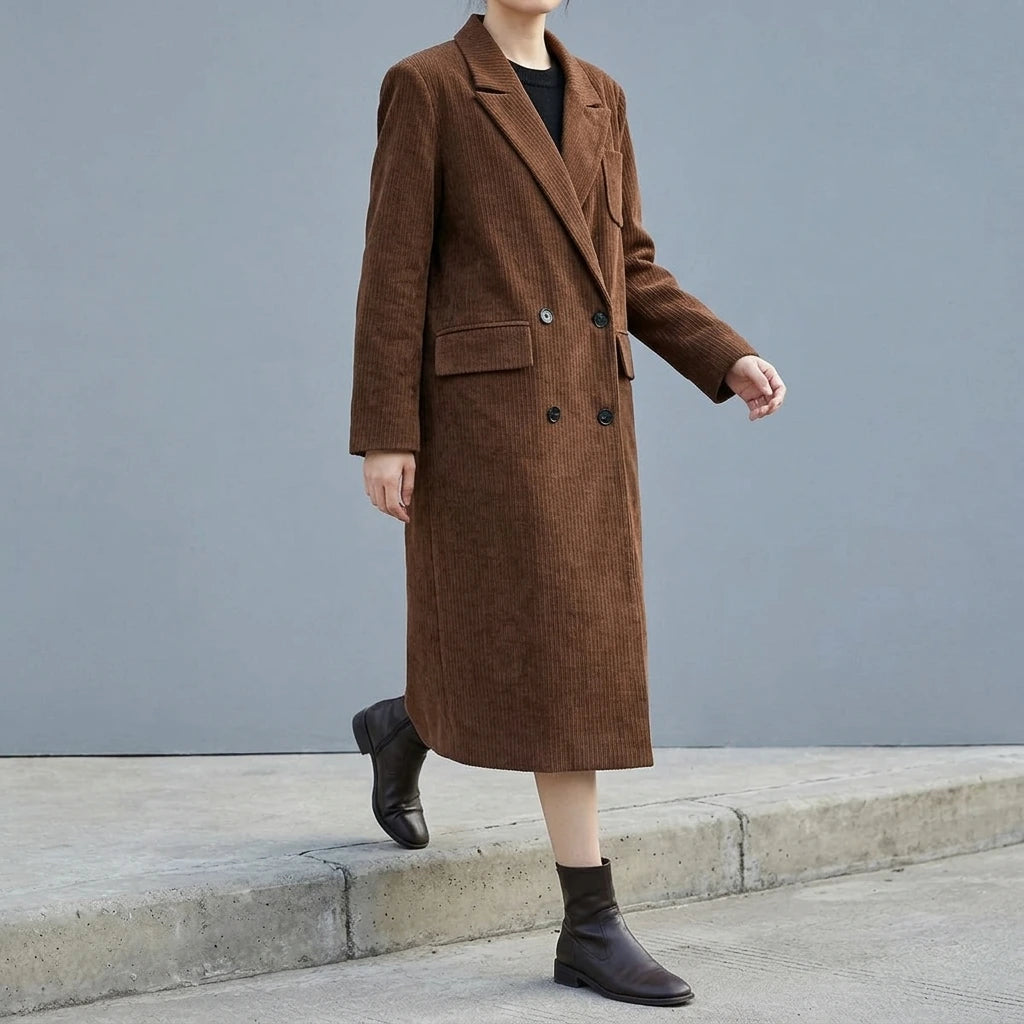 Corduroy blazer women's mid-length over-the-knee spring and autumn British style high-end woolen coat — lifestyle