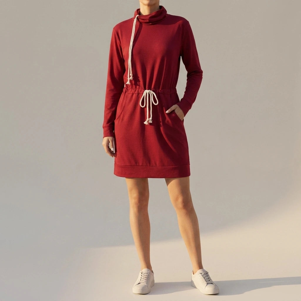 Drawstring Turtleneck Long Sleeve Mini Dress — lifestyle_lead