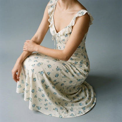 Holiday style floral ruffle edge sleeveless dress — lifestyle_lead
