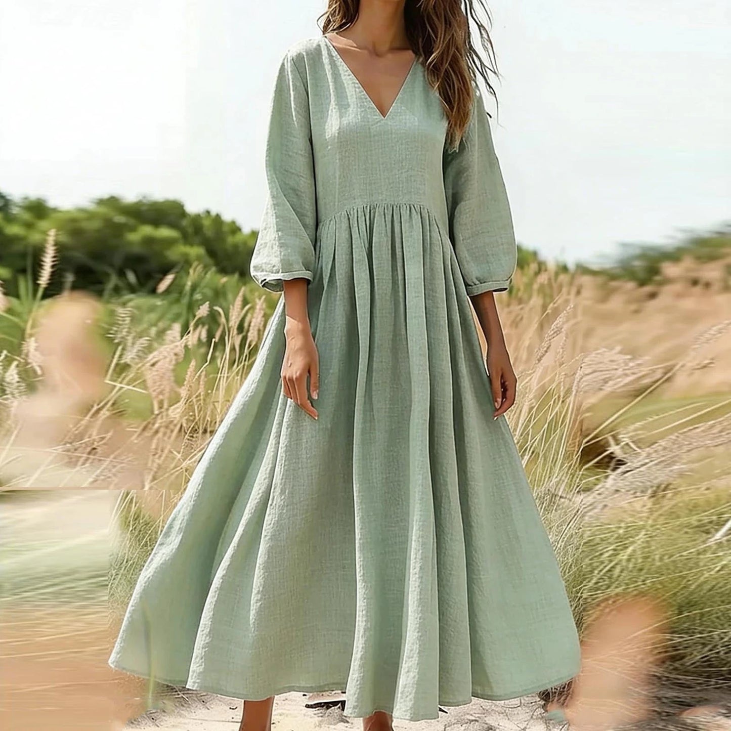 Black V-Neck Long Pleated Dress, Cotton Linen Loose Fit, Three-Quarter Sleeve, Casual Spring — variant_front