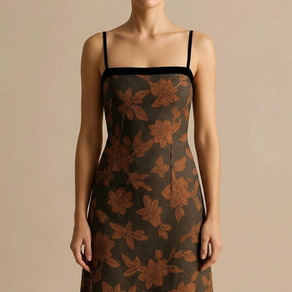 Formal Floral Midi Dress Women’s A-Line Slip Sleeveless Textured Jacquard Cocktail Graduation Occasionwear Natural Waist Polyester Caramel Summer — lifestyle