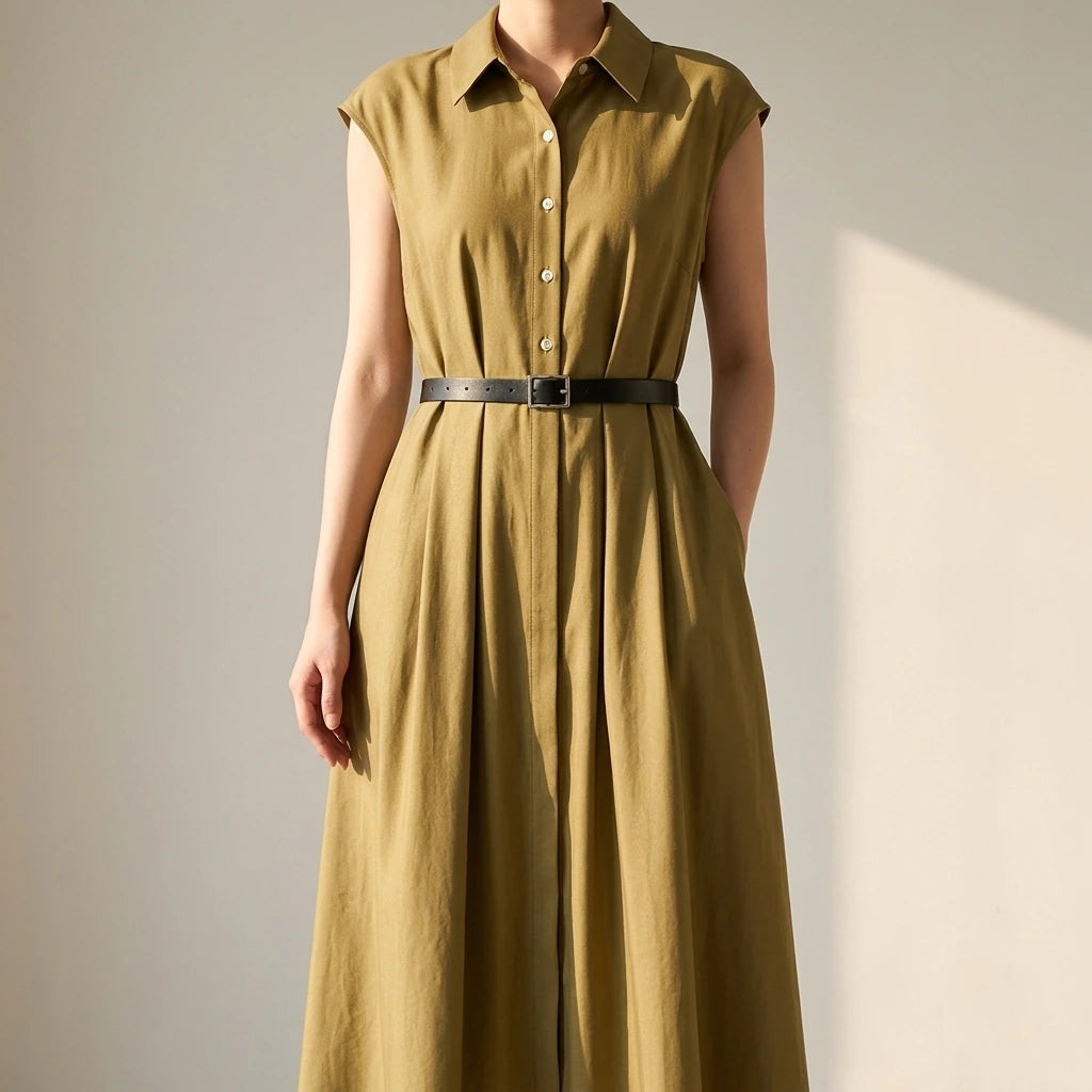 Image Color Elegant Maxi Shirt Collar Dress, Sleeveless High Waist, Single Breasted, Polyester, Summer — lifestyle