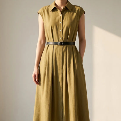 Image Color Elegant Maxi Shirt Collar Dress, Sleeveless High Waist, Single Breasted, Polyester, Summer — lifestyle