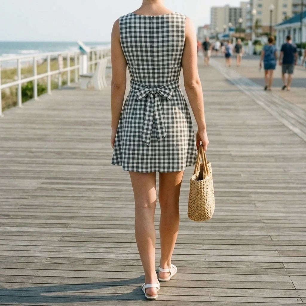 Retro Plaid A-Line Mini Dress Women's Sleeveless Boat Neck Daily Wear Natural Waist Medium Stretch Polyester Grey Summer Spring — lifestyle