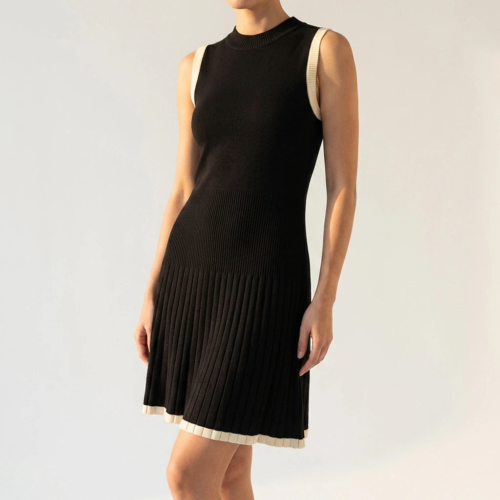 Knitted mini dress fashionable round neck pleated A-line dress — lifestyle