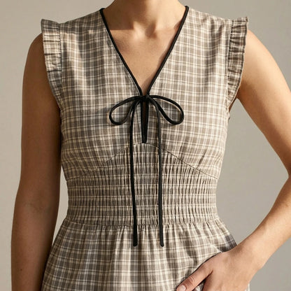 Retro Pleated Plaid Tank Top for Women, Ruched Shirred Ruffle, Sleeveless V Neck, Daily Workwear, 100% Cotton, Black, Summer — lifestyle