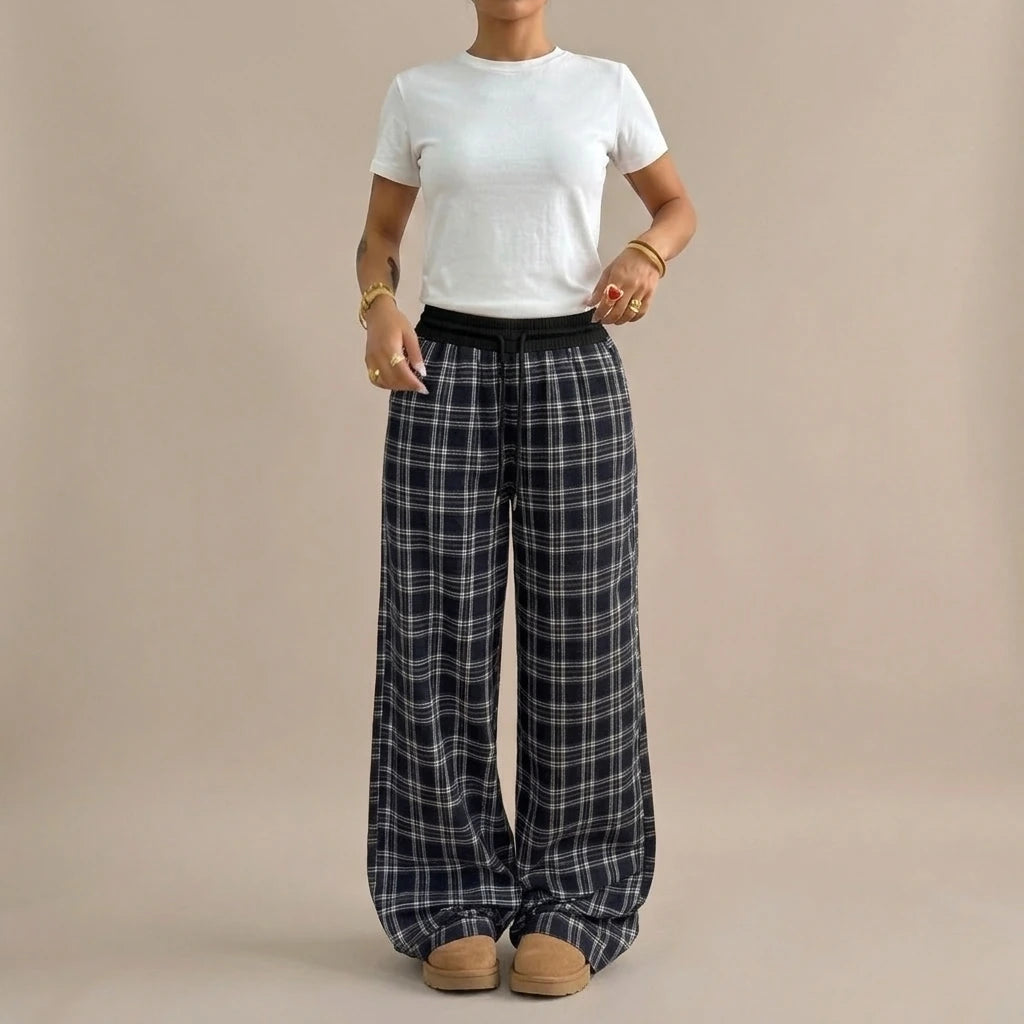 Loose Lazy Style Straight Leg Plaid Patchwork High Waist Drape Casual Sweatpants — variant_front