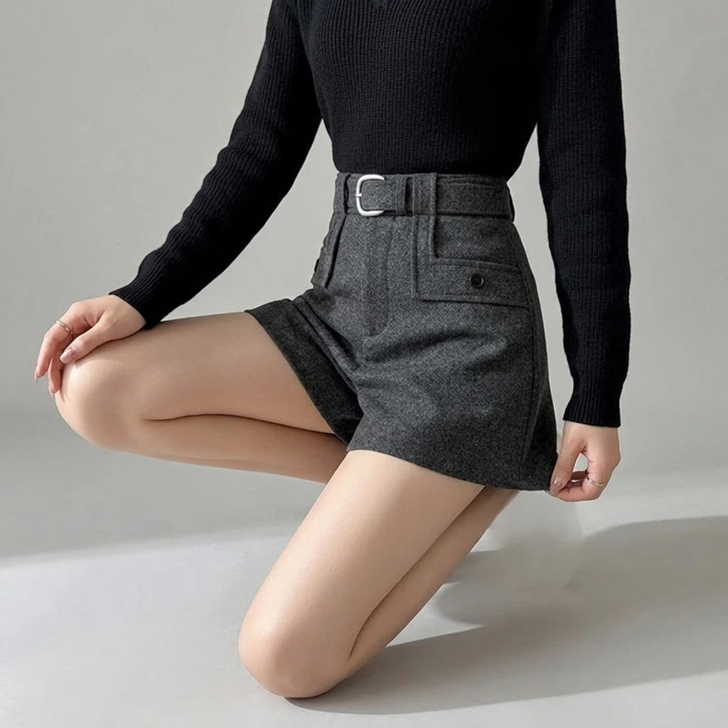Solid Color Casual Shorts for Women High Waist Woolen — variant_front