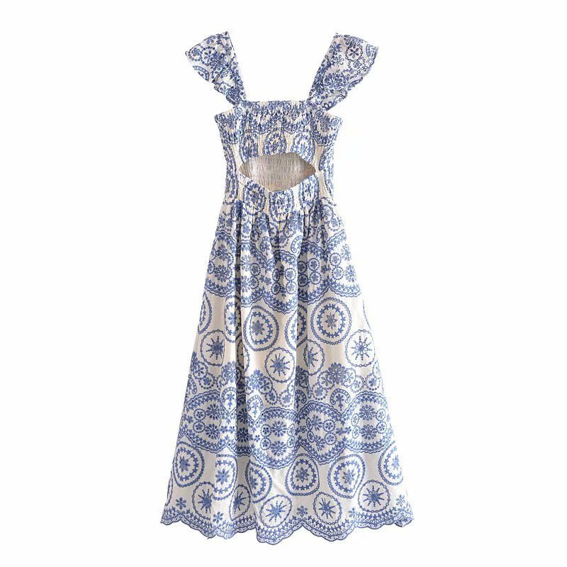Summer Embroidered Hollow Suspender Dress for Women – Elegant Polyester Sundress, New Printed Design