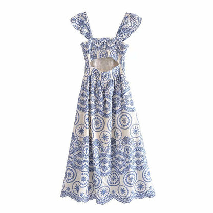 Summer Embroidered Hollow Suspender Dress for Women – Elegant Polyester Sundress, New Printed Design