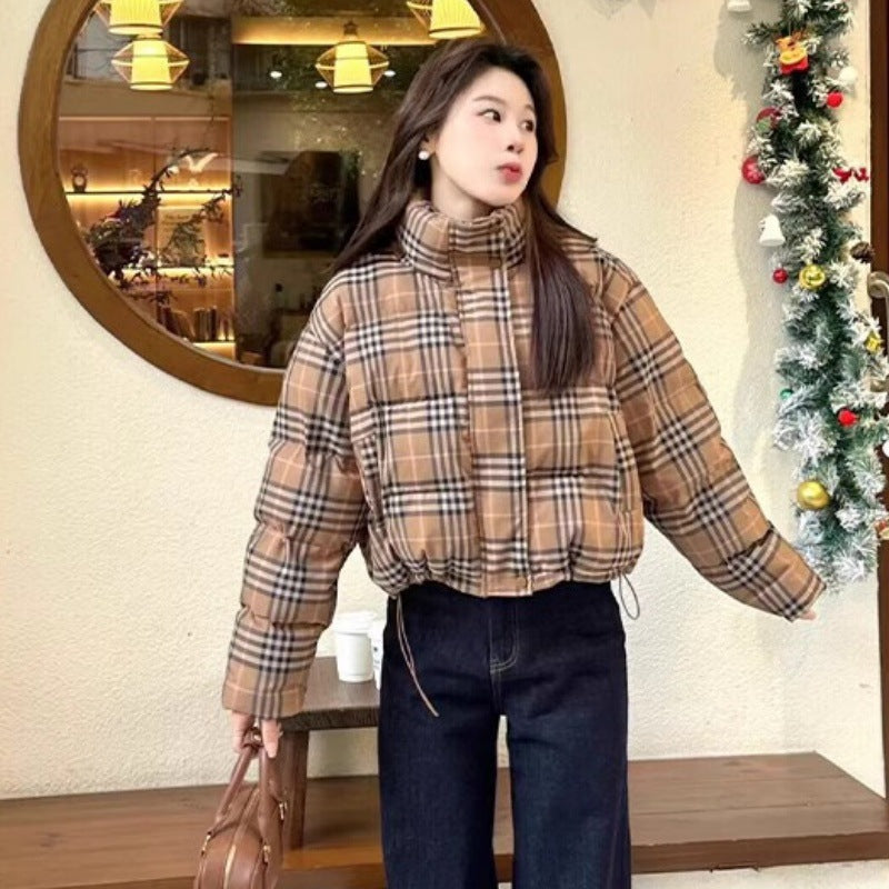 Winter New  Plaid Short Puffer Coat for Petite Women, Thick Warm Cotton Jacket, Fashionable Hooded Outwear