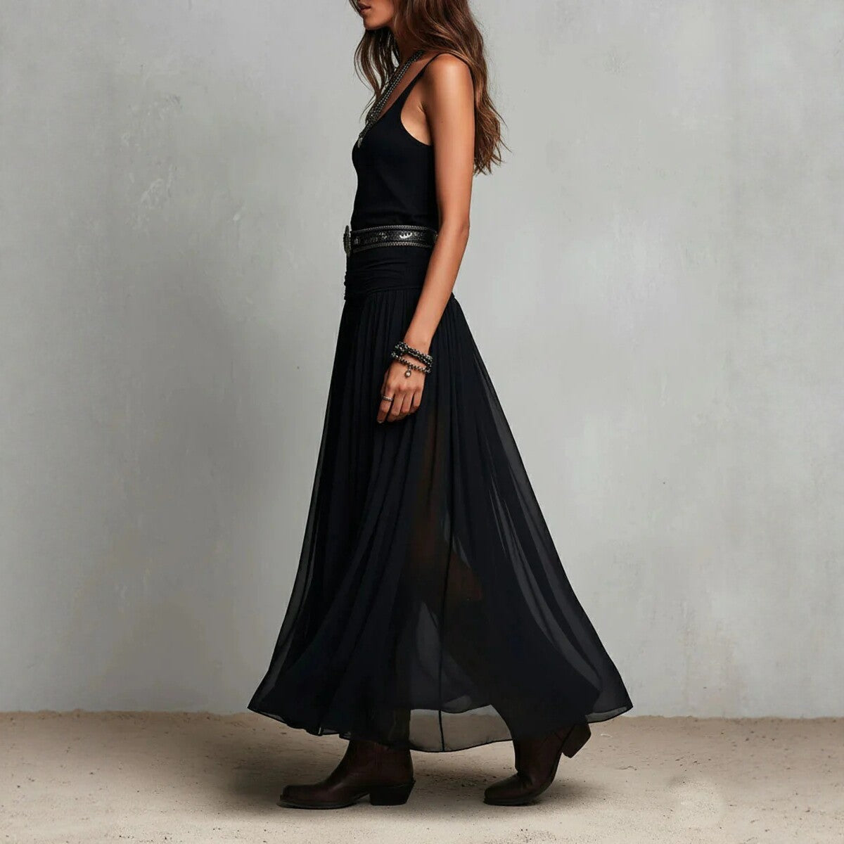 Black Long Strap Dress for Women, Mesh Slip Dress with Belt, Pleated V-Neck, Streetwear Summer Elegant