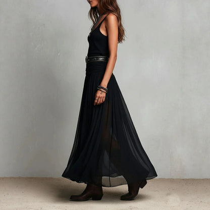 Black Long Strap Dress for Women, Mesh Slip Dress with Belt, Pleated V-Neck, Streetwear Summer Elegant